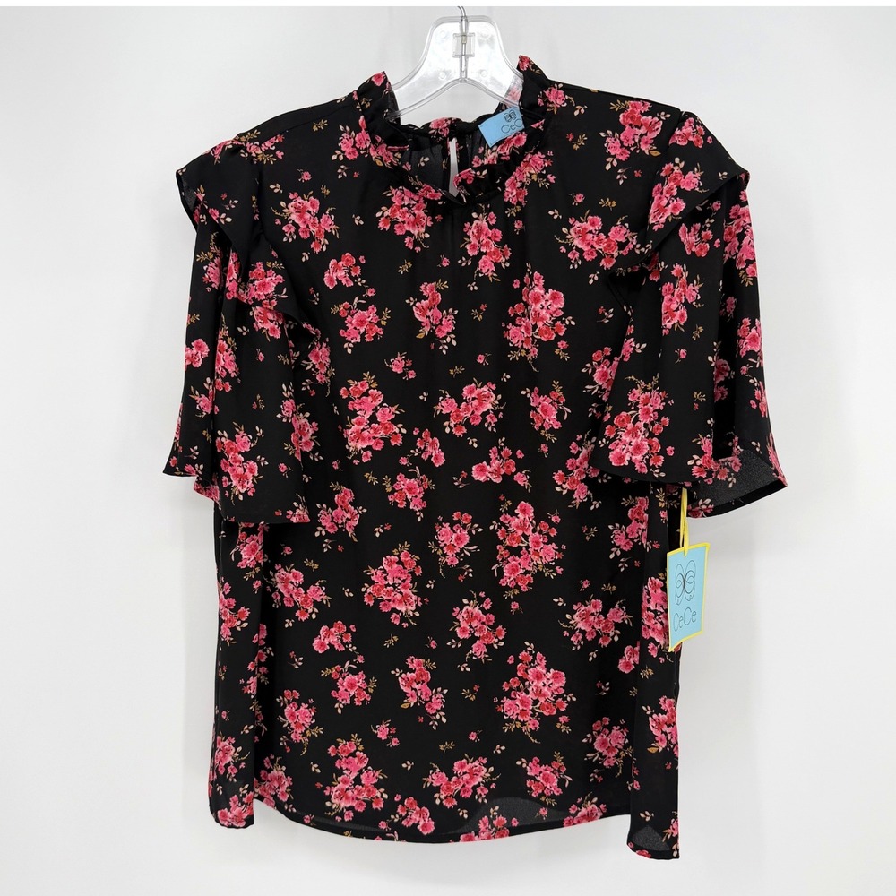 CeCe Blouse Women Small Black Floral Ruffle Flutter Sleeve Cottagecore Feminine - Picture 2 of 10